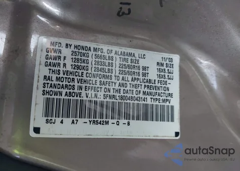 2004 Honda Odyssey Ex-L из США, поврежденный, VIN 5FNRL18004B043141